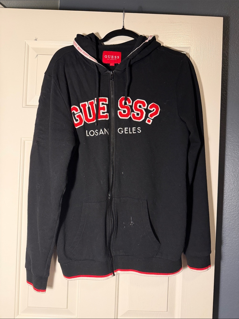 Guess Black Zip Hoodie with Red Lettering